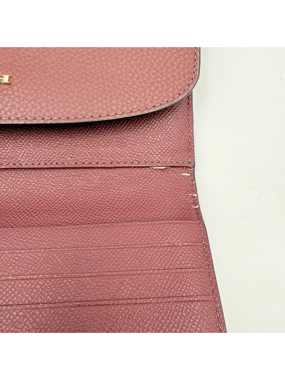 Coach Women’s Pebble Leather Raspberry and Gold Trifold Wallet Zip Pocket